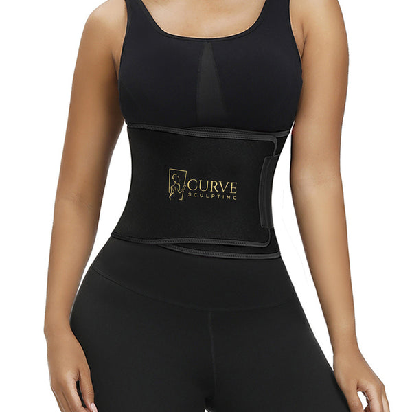 Curve Sculpting® Waist Trimmer Sweat Belt – front view on model for lower belly shaping