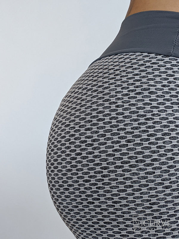 curve sculpting leggings, butt-scrunch leggings, ruched leggings, butt hugging leggings, bum scrunch leggings, grey fishnet leggings, Instagram leggings