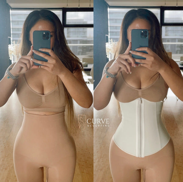Curvesculpting Zippa Waist Trainer (Beach Sand) with latex core for waist slimming, curve shaping, and discreet daily wear.